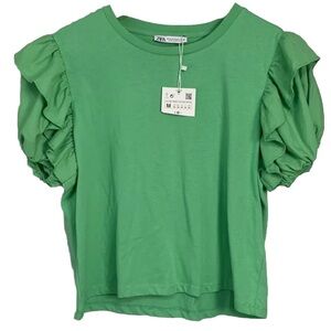 Zara Emerald Green Ruffle Puff Sleeves Top Sz M Stretch Blouse